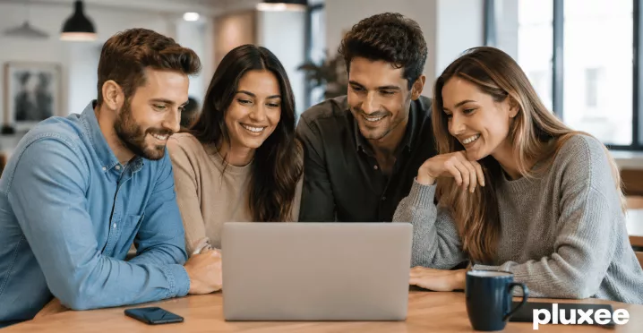 Un equipo de trabajo sonriente y colaborativo reunido alrededor de una computadora portátil en una oficina, demostrando compromiso laboral.