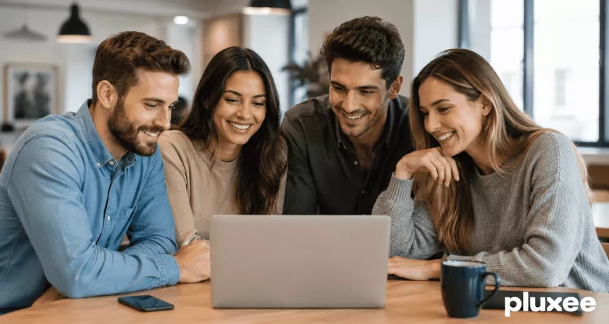 Un equipo de trabajo sonriente y colaborativo reunido alrededor de una computadora portátil en una oficina, demostrando compromiso laboral.